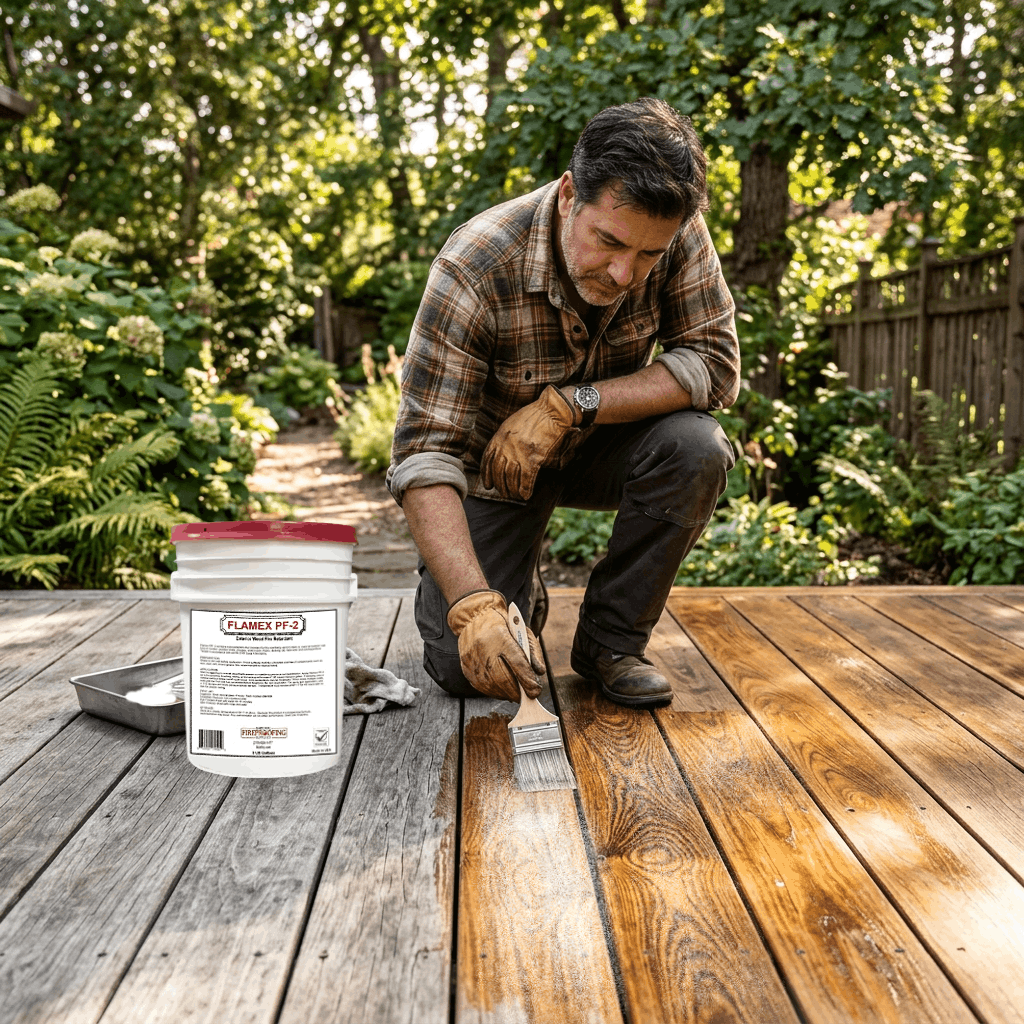 flamex pf-2 fire retardant spray for exterior wood is class a fire rated for wood. it is a clear penetrating liquid that also seals the wood for up to 5 years in outdoor conditions